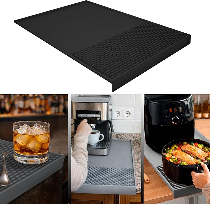 Coffee & Bar Mat For Countertop With "Edge Protection" – Espresso Machine & Coffee Maker Mat – Silicone Heat Resistant Mat – Non-Slip & BPA-Free Food Grade Mat – 16"(Front) x 24"(Length), Black