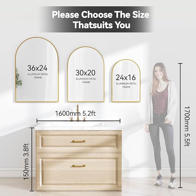 SCWF-GZ 30x20 Arch Mirror Rectangle Wall Mounted Hanging or Against Wall Metal Aluminum Alloy Frame Mirrors for Entryway Bedroom Bathroom Living Room 30 20 inch Gold