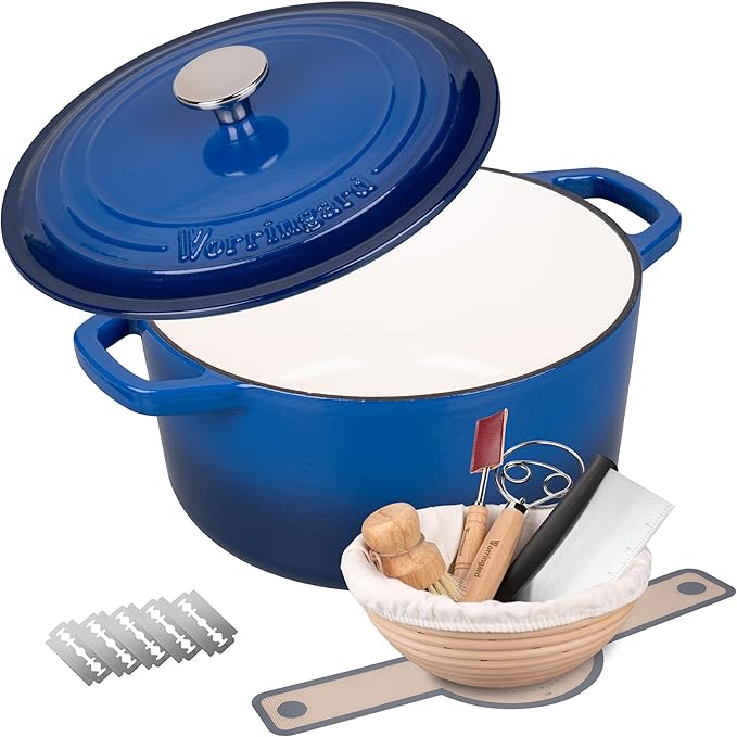 VORRINGARD Enameled Cast Iron Dutch Oven Pot with Lid, for Bread Baking, Round Bread Oven- include Sourdough Bread Baking Supplies Set, 4.5QT, Blue