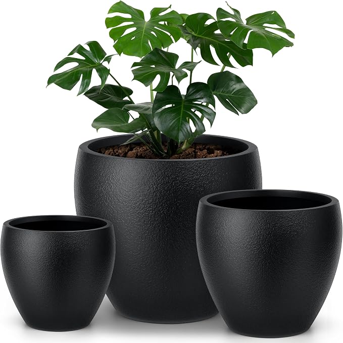 homenote Flower Pots 14.5/12/9.6 Inch,Large Plant Pots Indoor with Drainage,Plastic Pots for Plants,Garden Pots for Outdoor,Large Planters for Indoor Plants,Big Plastic Planter,Off-Black(3 Pcs)