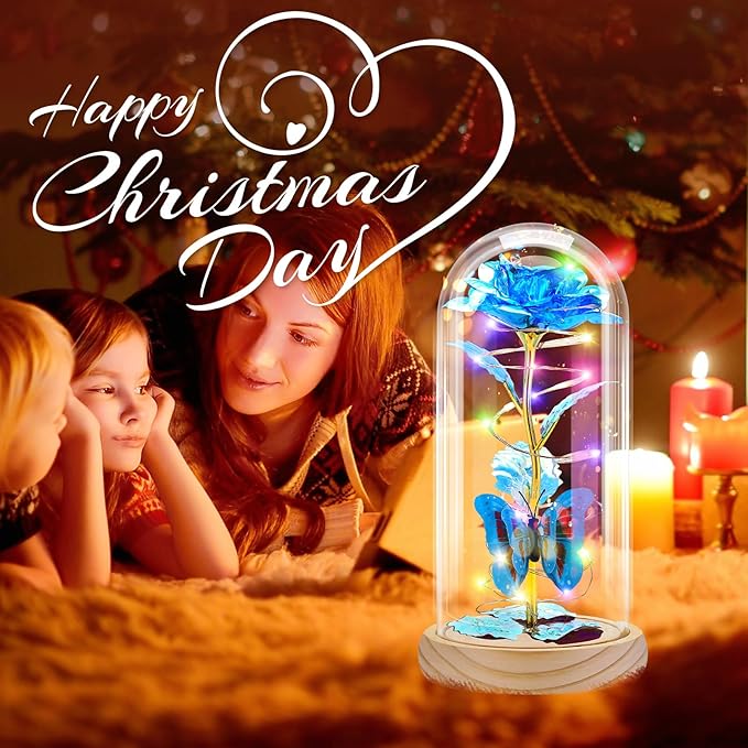 Otlonpe Preserved Forever Mothers Day Flower Gifts for Mom, Glass Rose Wood Base Colorful Light Butterfly Gifts for Women Grandma Girlfriend Wife Her, Valentines Mothers Day Christmas Birthday
