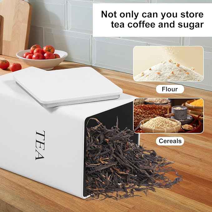 3Pcs Tea Coffee Sugar Canisters Set, Metal Coffee and Sugar Containers, Versatile Kitchen Storage Jars with Airtight Lids, Space Saving Food Canisters Set for Home Kitchen (White)