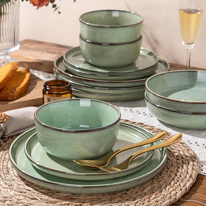 GBHOME 24 Pieces Double Bowls Dinnerware Sets for 6, Stoneware Plates and Bowls Set with Reactive Glaze, Scratch Resistant Stoneware Dishes Set, Dishwasher & Microwave Safe