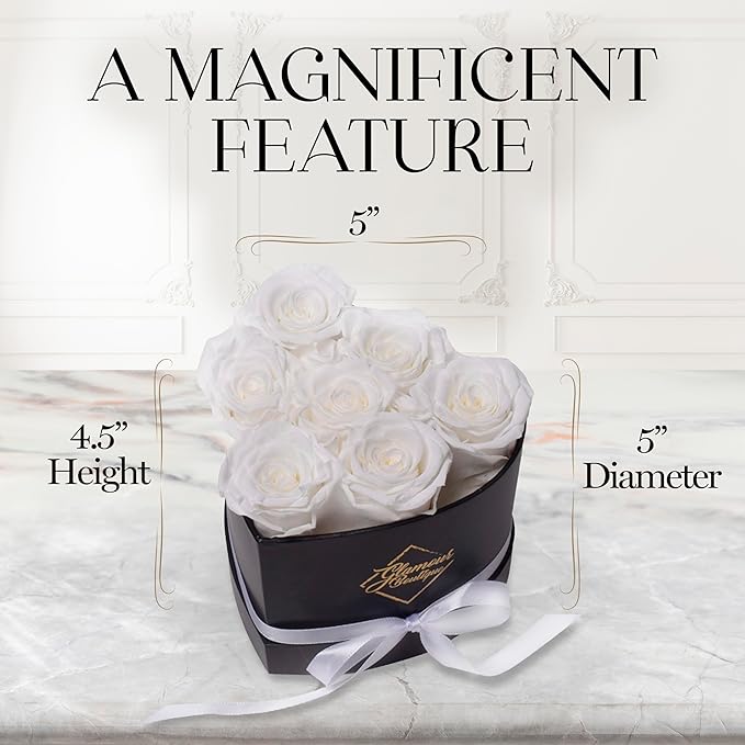 GLAMOUR BOUTIQUE 7 Flower Forever Heart Shape Box, Eternal Preserved Roses Gift for Her, Lasting Flowers, Petite Floral Heart Box for Birthday, Anniversary or Valentine’s Day, White (Color-Treated)