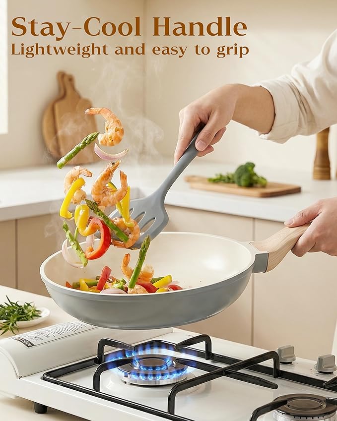 FDN 16Pcs Titanium Pots and Pans Set,Toxic-Free Cookware Set, Dishwasher & Oven Safe, Induction Compatible with Bakelite Wood Grain Handle, Compact and Durable