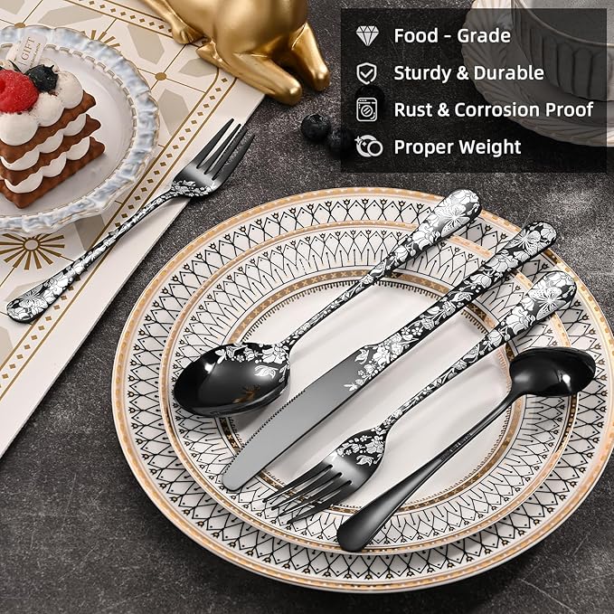 40 Piece Black Silverware Set, Stainless Steel Flatware Cutlery Set Service for 8, Mirror Polished Tableware Eating Utensils Set for Home Kitchen, Include Knife Fork Spoon Set, Dishwasher Safe