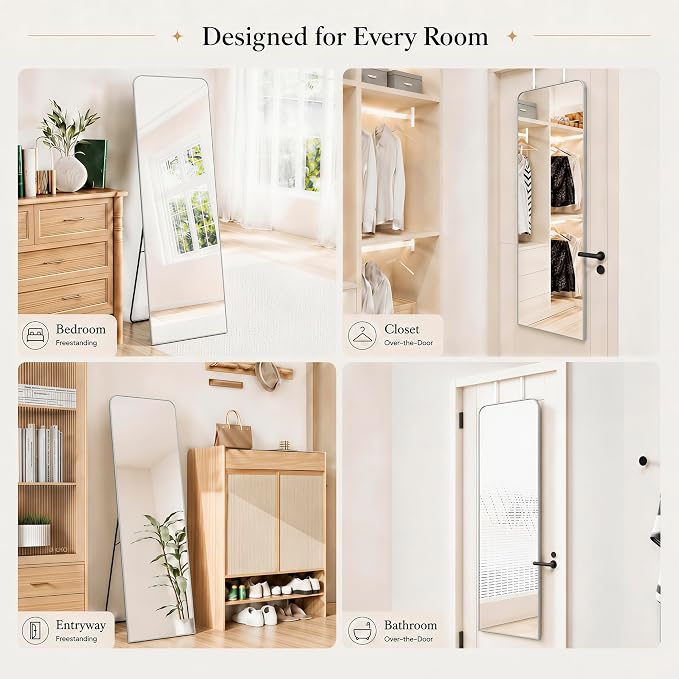 SCWF-GZ 57x20 Full Length Mirror Over The Door Hanging, Floor Stand/Wall Mounted Aluminum Alloy Frame Dressing Mirror for Bedroom Living Room 57 inch Silver
