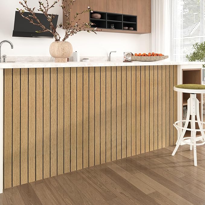 Wallercity Brown 3D Peel and Stick Wall Panels Wood Grain Textured Wall Slat Panel Self Adhesive Waterproof Plank Wallpaper for Kitchen Bathroom Soundproof Wooden Slatted Panels for Rooms 11.7''x197''