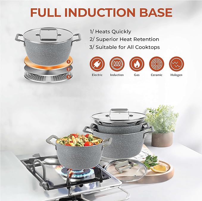 Granitestone Gray Pots and Pans Set Nonstick, 6 Stackable Piece Cooking Pots Set, Kitchen Pots, Non Stick Coating, 5qt 3qt & 1.5qt Pots with Lids, Stay Cool Handles Dishwasher Safe 100% Toxin Free