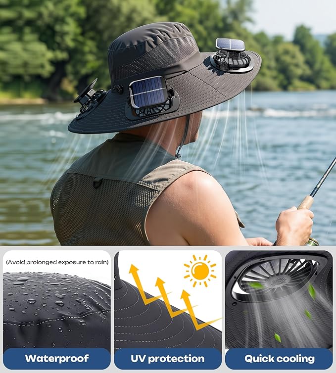 Solar Fan Hat with 4 Removable Fans, Wide Brim Fishing Hat for Men Women, USB Charging, Sun Hat for Outdoor Hiking, Gardening, Fishing Grey