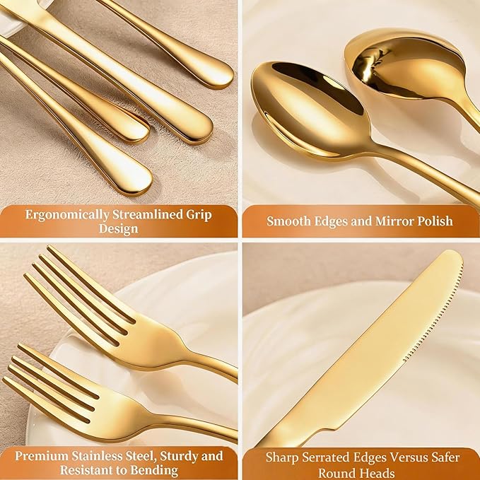 60 Piece Gold Silverware Set for 12, Bulk Stainless Steel Gold Flatware Cutlery Set Food Grade Utensil Set Include Forks Knives Spoons for Home Kitchen Restaurant Wedding, Dishwasher Safe