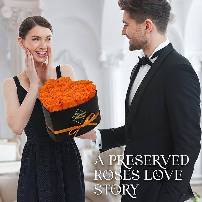 GLAMOUR BOUTIQUE 16 Flower Forever Heart Shape Box, Eternal Preserved Roses Gift for Her, Lasting Flowers, Romantic Floral Keepsake for Birthday, Anniversary or Valentine’s Day, Orange (Color-Treated)