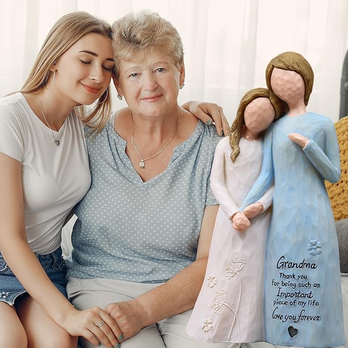 Grandma Birthday Gifts from Granddaughter, Great Grandma Gifts for Birthday Christmas Mothers Day, Grandmother Granddaughter Embrace Hand-Painted Resin Figurine(Blue)