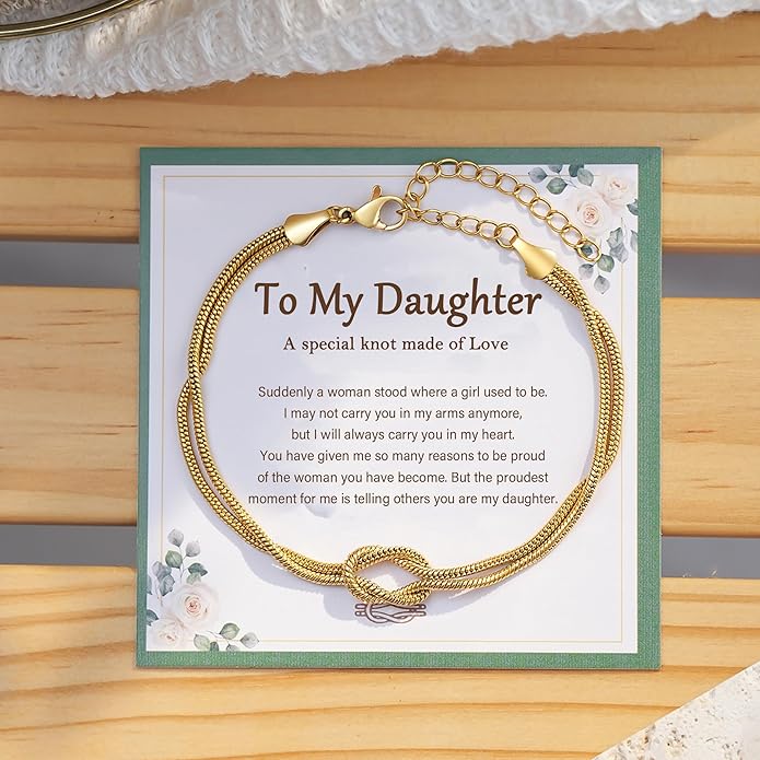 Tarsus Love Knot Daughter Bracelet, Daughter Birthday Valentines Mothers Day Christmas Jewelry Gifts for Women Teens Adults