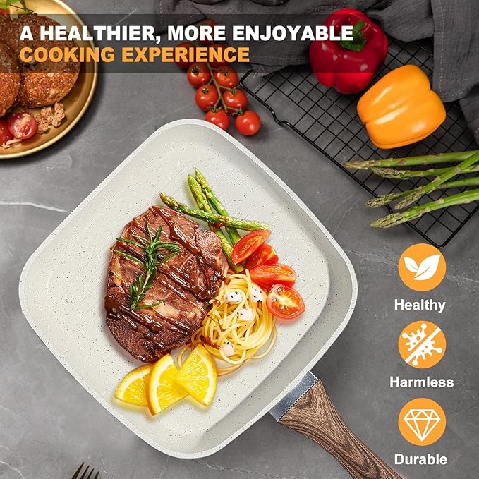 NEWBULIG 3-Piece Nonstick Grill Pan Set, Square Griddle Pans with Wooden Handles, Induction Cooktop Compatible, Nonstick Cookware for Steak, BBQ, Vegetables, Cream White (9.5", 10.2", 11")