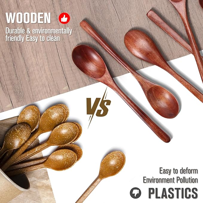 Wooden Spoons, 6 Pieces 9 Inch Wood Soup Spoons for Eating Mixing Stirring, Long Handle Spoon with Japanese Style Kitchen Utensil, ADLORYEA Eco Friendly Table Spoon (Nanmu, 9 Inch)