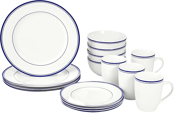 Amazon Basics 16-Piece Cafe Stripe Dinnerware Set, Microwave and Dishwasher Safe, Plates, Bowls, Mugs, Service for 4, Blue