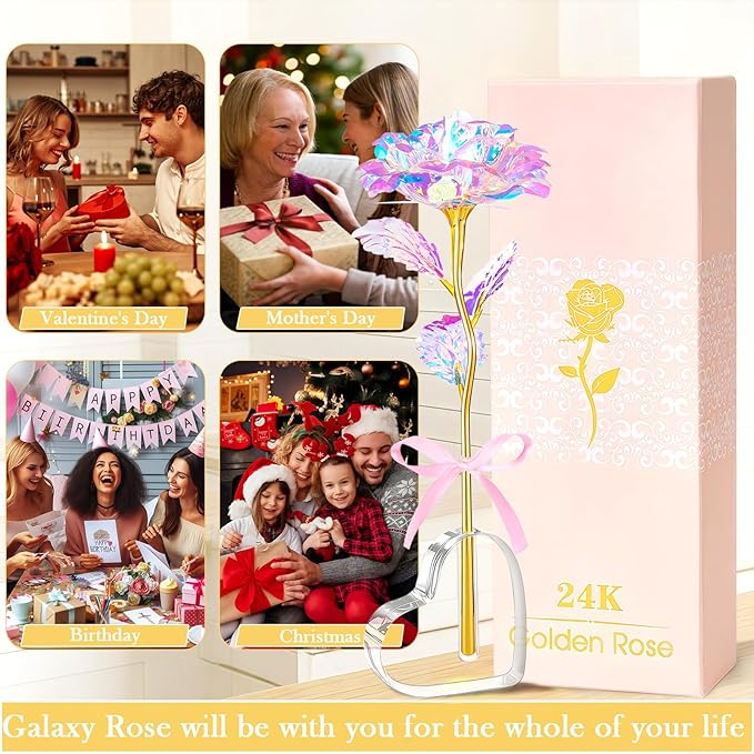 Mothers Day Mom Gifts for Women Grandma, Artificial Forever Birthday Flowers Galaxy Glass Eternal Roses with Heart Shaped Crystal Vase, Mother's Day Anniversary Wedding Rose Gifts for Wife Sister