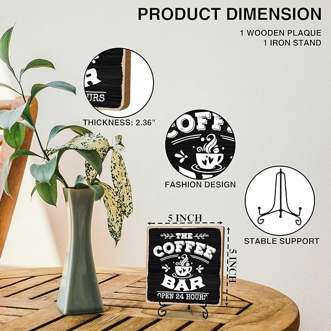 Coffee Bar 24-Hour Open Decor Signs, Coffee Station Accessories, Themed Gifts (H25)