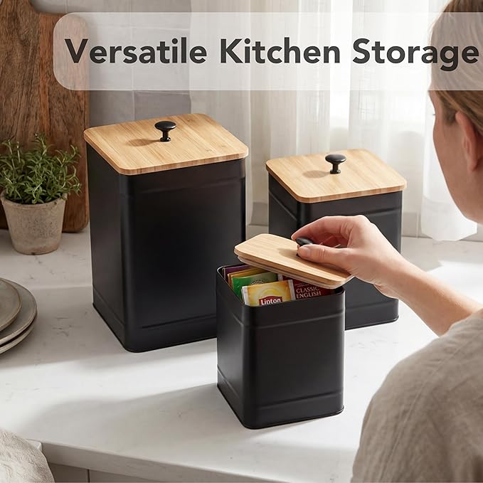 PERFNIQUE Kitchen Canisters for Countertop Set of 3, Airtight Canisters Sets for the Kitchen Counter with Lid, Metal Farmhouse Food Storage Containers Jars for Flour Sugar Coffee Tea Spice (Black)
