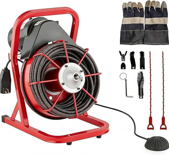 Garvee 75FT x 1/2 Inch Drain Cleaner Machine, 400W Portable Drain Cleaning Machine Snake with 6 Cutters & Foot Switch for 1" to 4" Pipes, Heavy Duty Sewer Auger for Sinks, Toilets, Showers