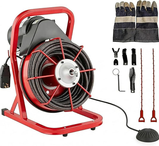 Garvee 75FT x 1/2 Inch Drain Cleaner Machine, 400W Portable Drain Cleaning Machine Snake with 6 Cutters & Foot Switch for 1" to 4" Pipes, Heavy Duty Sewer Auger for Sinks, Toilets, Showers