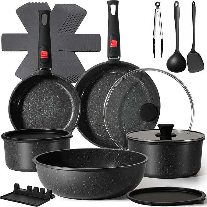 USELUCK 21Pcs Ceramic Pots and Pans Set Non Stick, Kitchen Cookware Set with Detachable Handles, Non Toxic Healthy Cooking Set, Induction Dishwasher Oven Safe, PTFE PFOA PFOS Free, Black