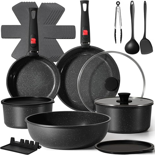 USELUCK 21Pcs Ceramic Pots and Pans Set Non Stick, Kitchen Cookware Set with Detachable Handles, Non Toxic Healthy Cooking Set, Induction Dishwasher Oven Safe, PTFE PFOA PFOS Free, Black