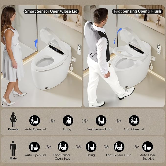 Smart Toilet with Warm Water Sprayer and Dryer, One Piece Bidet Toilet with Auto Dual Flush Foot Sensor Operation,Heated Seat Smart with Built In Fahrenheit LED Display