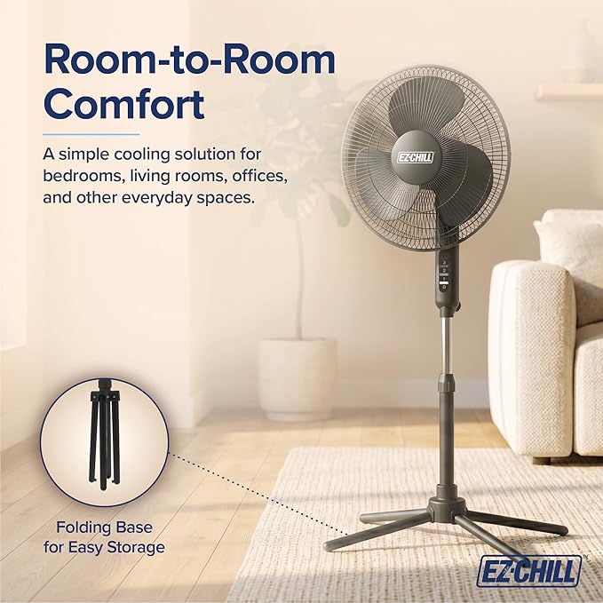 EZ-Chill 16” Oscillating Pedestal Fan, 3-speed Options, 90-Degree Oscillating Head, Adjustable Height and Tilt, Powerful Air Flow, Black, MTFS-16B-BLK