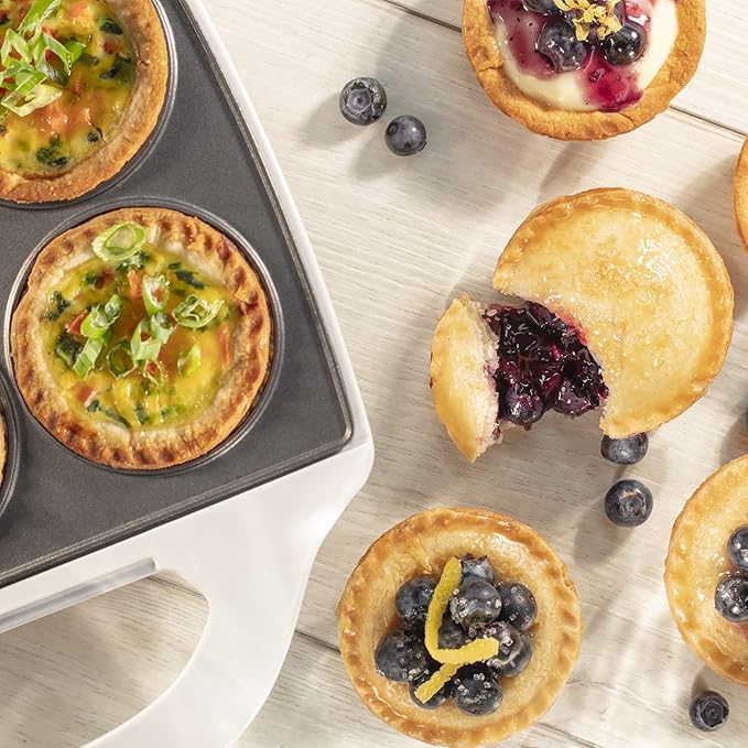 Mini Pie & Quiche Maker- Electric Baker Cooks 6 Small Quiches or Pies in Minutes- Dough Cutting Circle Easy Measurement- Better than Tin Pans- Baking Dessert Gift for Her, Summer Brunch Must Have