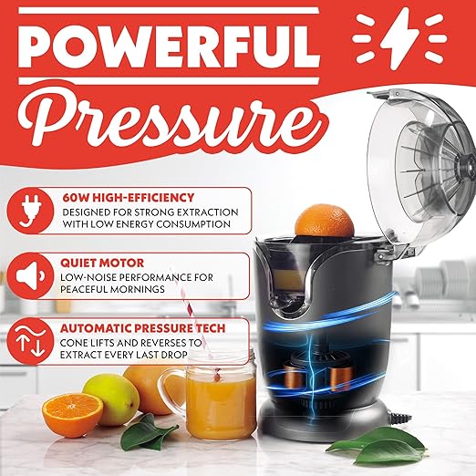 Gourmia Citrus Juicer - Automatic Juicer with 17 oz Capacity, One-Touch Operation, Universal Cone, Anti-Drip Spout, Dishwasher-Safe Accessories, Compact Quiet 60W Motor