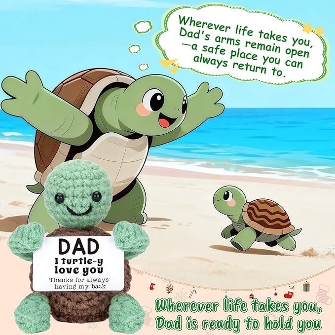 4THFARMES Mini Funny Turtle Fathers Day Dad Gifts from Daughter Son Wife, Birthday Gift for Dad Father Daddy Presents, I Love You Small Cute Stuff Things, Handmade Emotional Positive Crochet Turtle
