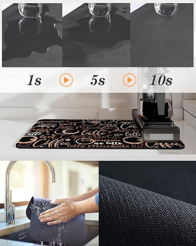 Coffee Bar Mat Accessories for Countertop Absorbent Hide Stain Rubber Backed Dish Drying Mats for Kitchen Counter Draining Pad Decor Gift (20x12in)