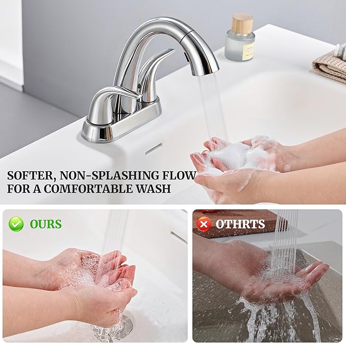 Ultimate Unicorn Chrome Bathroom Sink Faucet - 4 Inch Centerset Pull Down Vanity Faucets 3 Hole with Pop Up Drain - Two Handle Modern Washbasin Tap Set with Pull Out Sprayer for Rv Lavatory Restroom