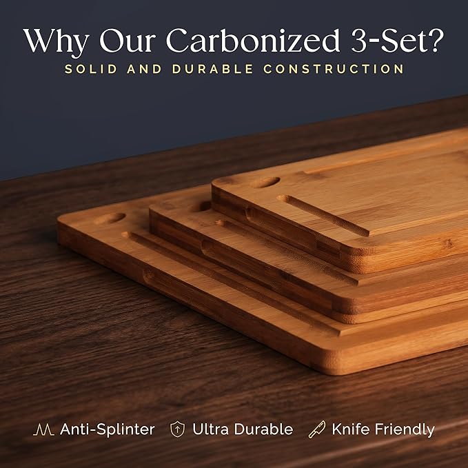 Pre-Oiled, Non Toxic 3-Piece Carbonized Bamboo Cutting Board Set, 500°F Carbonized Technology Eco-Friendly Wooden Chopping Boards for Kitchen with Juice Groove, Charcuterie Serving Boards Deer & Oak