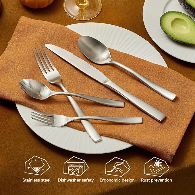 KINGSTONE 40-Piece Silverware Set for 8, Matte Stainless Steel Flatware Set with Forks, Knives, Spoons, Dishwasher Safe, Rust Resistant Cutlery for Home & Wedding