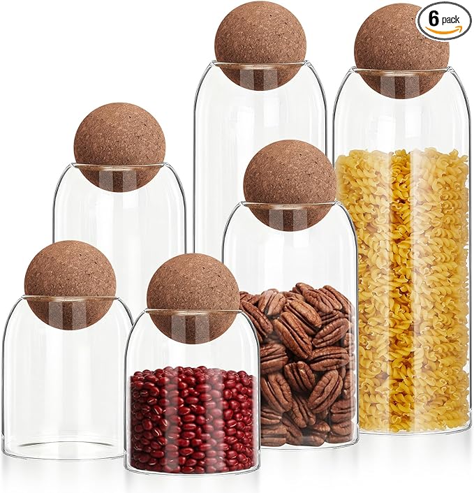 Suclain 6 Pcs Glass Jars with Cork Ball Lid Farmhouse Kitchen Canisters Coffee Bar Countertop Container Rustic Storage Jars for Bean Nut Sugar Coffee Tea Organizer Housewarming Gift (40/25/17oz)