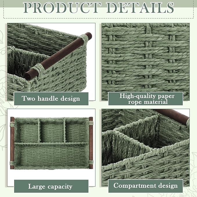 Remerry Sage Green Bathroom Countertop Organizer Caddy, Wicker-Like Divided Basket with Handle and Metal Frame, 4 Compartment, Paper Rope Storage Organizer for Vanity Kitchen (10.24 x 7.87 x 3.94 in)