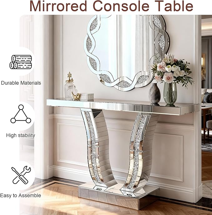 SSLine Modern Mirrored Entryway Table with Round Wall Mirror Set of 2 Luxury Silver Mirror Console Table with 31.5" Wave Frame Decor Mirror,Crush Diamond U-Shape Hallway Table for Living Room Entrance