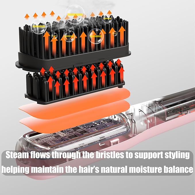 Steam Hair Straightener Brush, 3-in-1 Hair Straightening Brush for Frizzy, Curly & Thick Hair and Short Hair, Steamer Straightener Brush for Anti-Frizz, Steamer for Reduced Heat Damage, Dual Voltage