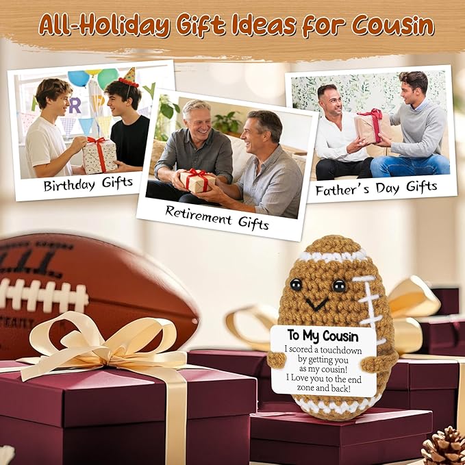 BiuNiuring Mini Funny Cousin Gifts from Sister Brother, Handmade Crochet Mini Football Cousin Birthday Gifts from Women, Cousin Present for Father's Day Cute Desk Decor