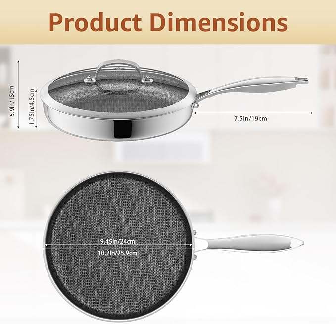 LOLYKITCH 10 In Hybrid Nonstick Stainless Steel Sauté Pan with Lid,Deep Frying Pan,Skillet,Induction Pan,Heavy Duty and Oven Safe,Detachable Handle.