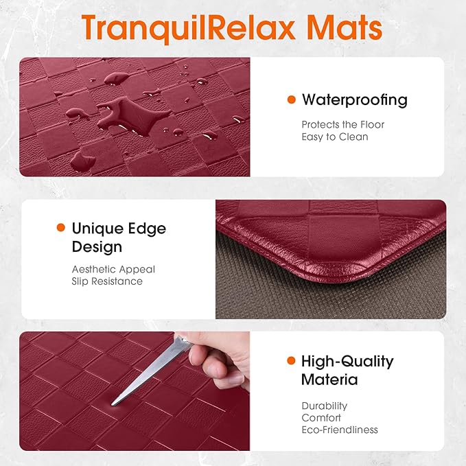 TranquilRelax Kitchen Mats, 2PCS Kitchen Rugs, Cushioned Anti Fatigue Kitchen Mats for Floor, Non-Slip Standing Desk Mat, Waterproof Kitchen Rug Set for Kitchen Floor Office,17.3"×30"+17.3"×59" Red