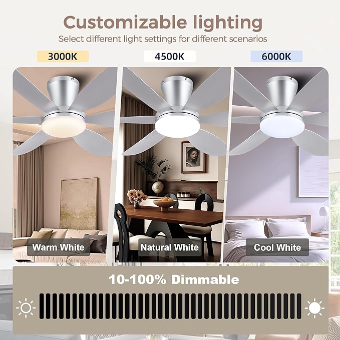 GJeg Ceiling Fans with Lights,42" Low Profile Ceiling Fan with Light and Remote Control,Flush Mount, Reversible, Dimmable, Noiseless, Silver Ceiling Fan for Bedroom