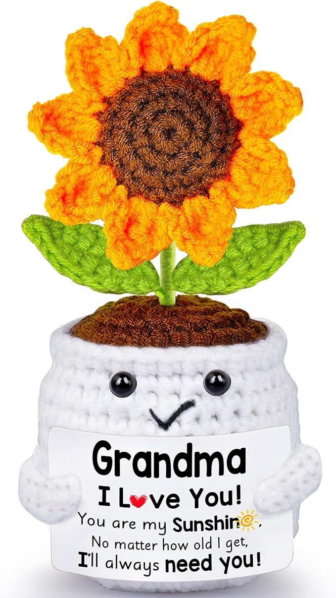 Qunland Mothers Day Birthday Gifts for Grandma, Grandma Gifts from Grandkids, Mother's Day Birthday Gift for Nana Grandmother GaGa, Handmade Crochet Mini Sunflower Pot Doll I Love You for Gigi