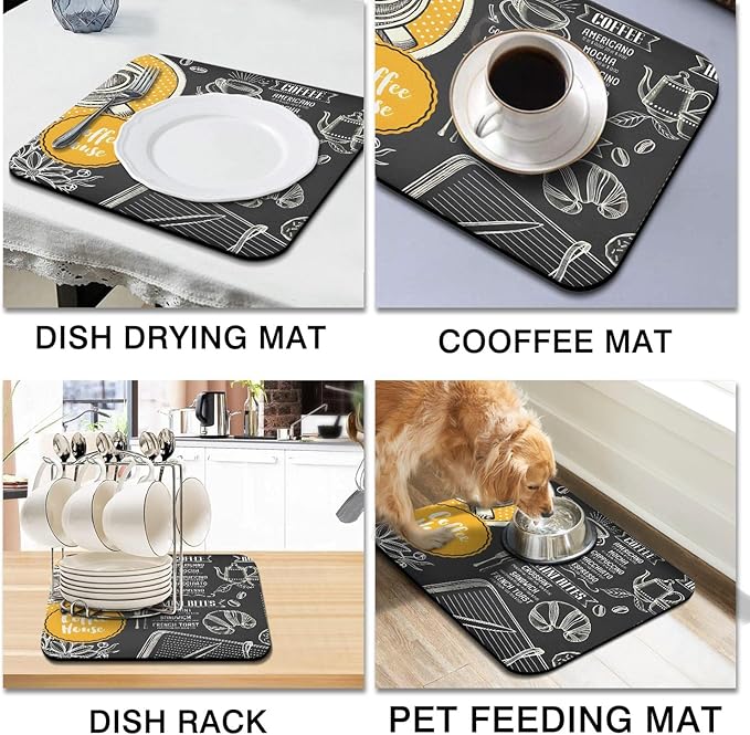 Coffee Bar Mat Accessories for Countertop Absorbent Hide Stain Rubber Backed Dish Drying Mats for Kitchen Counter Draining Pad Decor Gift(18x16in)