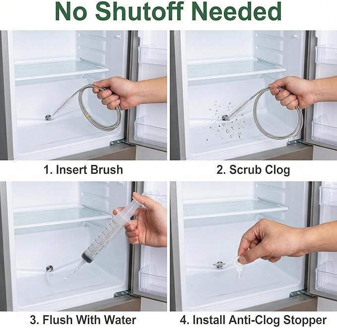 MUAECH 7-Piece Refrigerator Drain Hole Cleaner Kit, 60in Flexible Fridge Drain Cleaning Brush & Hose Set with Syringe, Plungers and Shovel for Unclogging Fridge Water Line & Dispenser