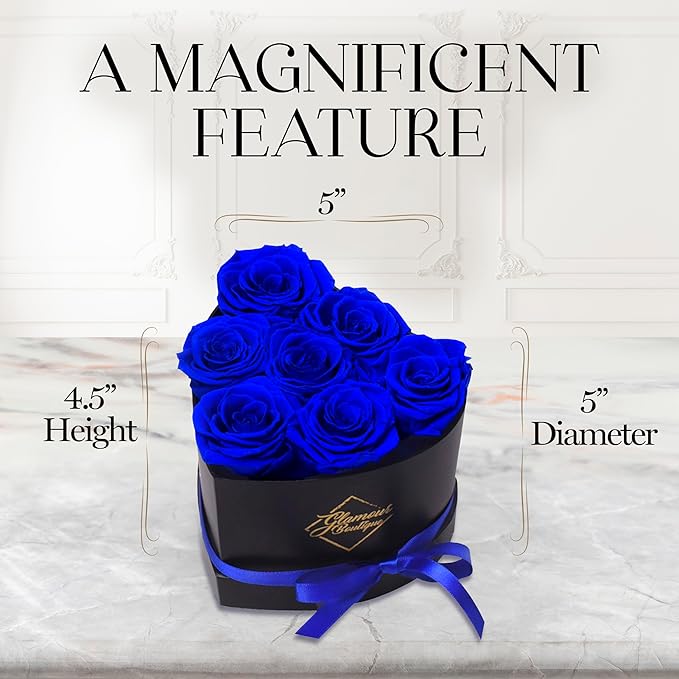 GLAMOUR BOUTIQUE 7 Flower Forever Heart Shape Box, for Mom, Eternal Preserved Roses Gift for Her, Him, Lasting Flowers Bouquet, for Birthday, Anniversary, Blue (Color-Treated)