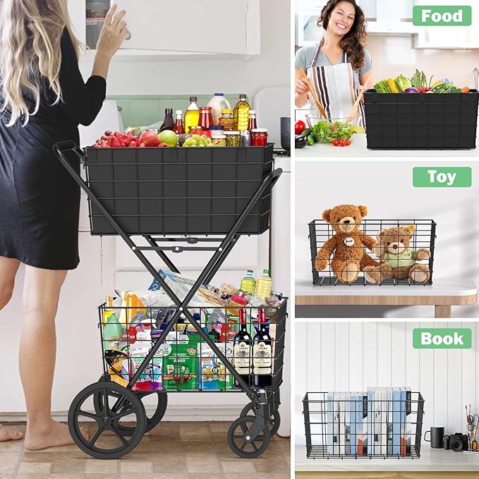 [𝐍𝐄𝐖] 2-Tier Extra Large Collapsible Grocery Cart On Wheels, 400lbs Shopping Cart for Groceries with 2 Removable Baskets, Waterproof Liner, Heavy Duty Foldable Shopping Utility Cart for Seniors